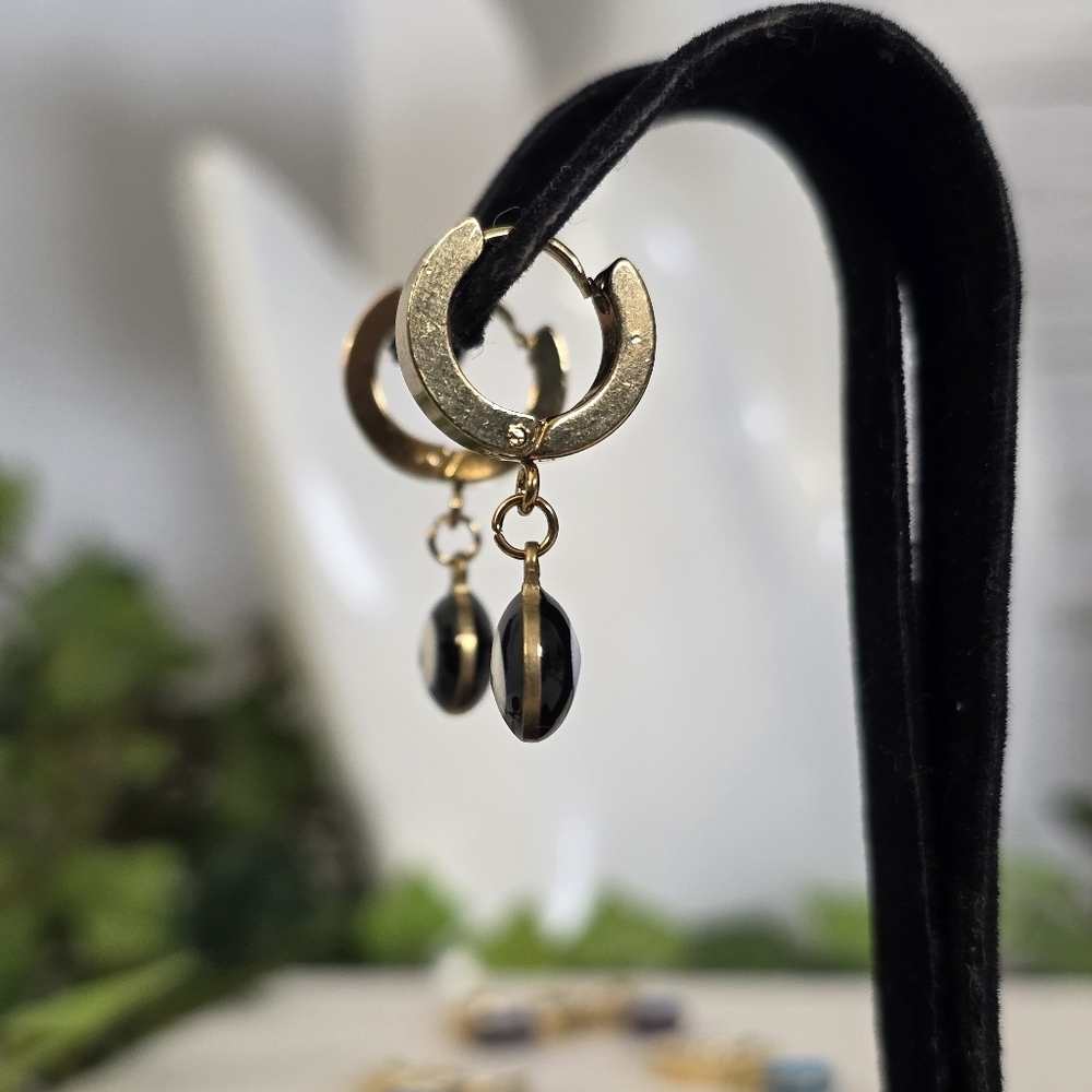 Gold Stainless Steel Huggie Hoop Earrings with Evil Eye Charm - Picture 14 of 17